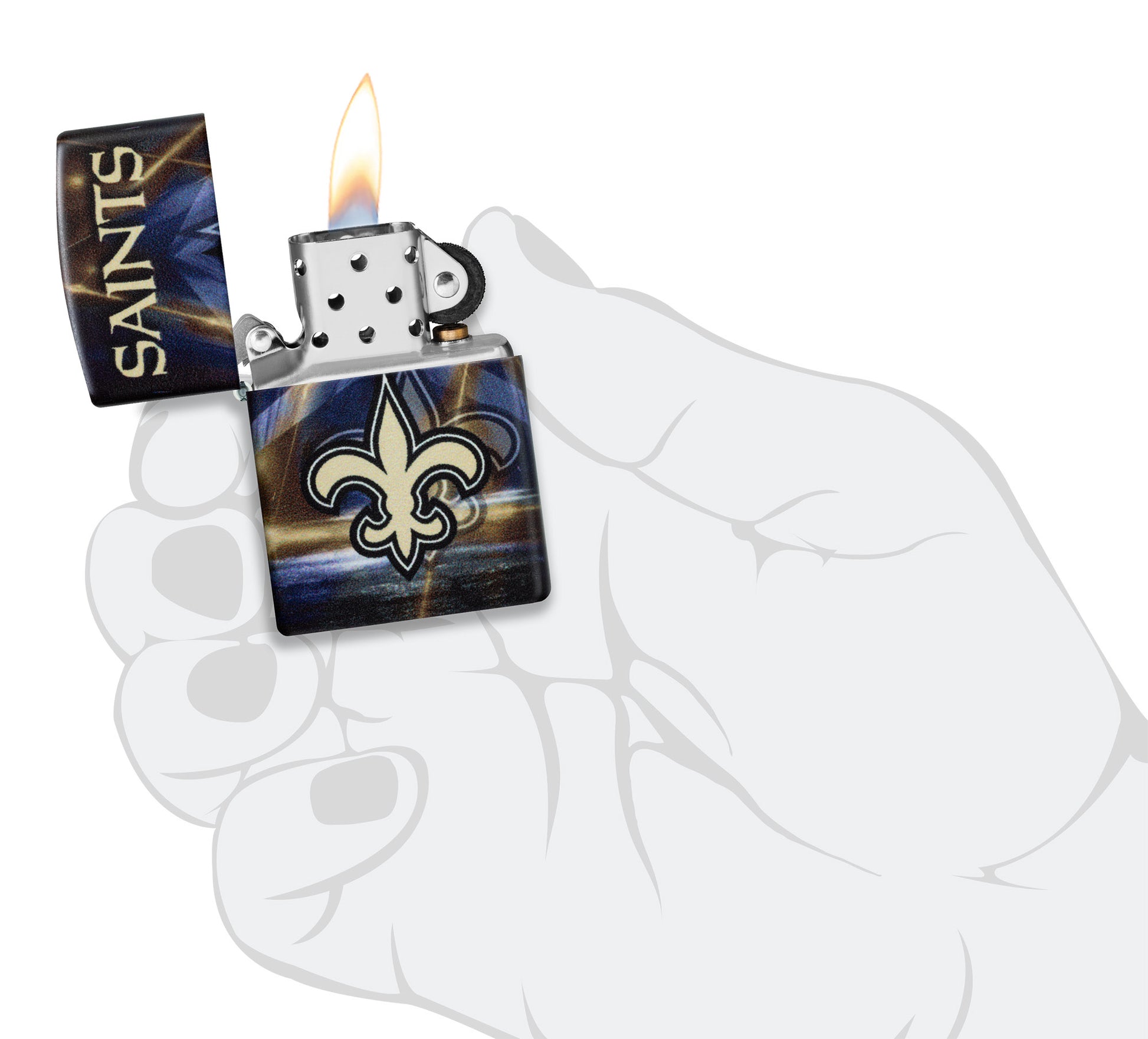 Zippo NFL New Orleans Saints 540 Matte Windproof Lighter lit in hand.