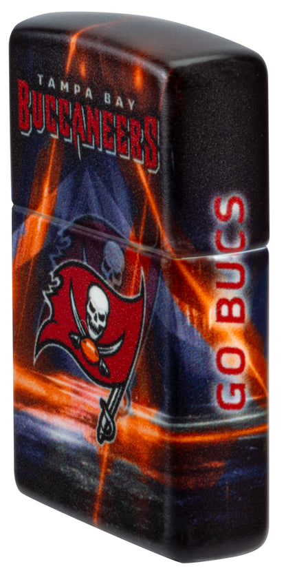 Angled shot of Zippo NFL Tampa Bay Buccaneers 540 Matte Windproof Lighter showing the front and right sides of the lighter.