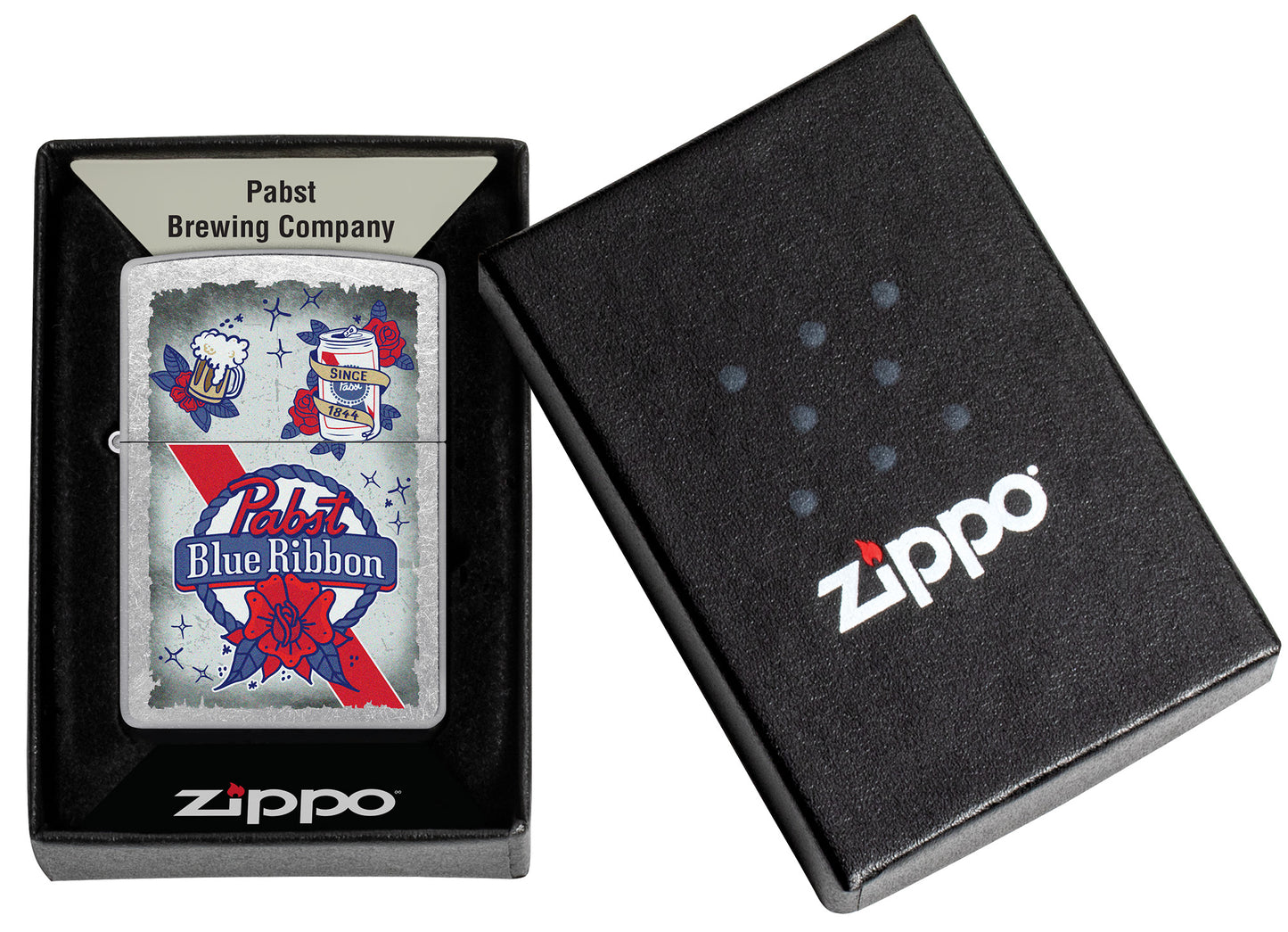 Pabst Blue Ribbon® Artwork Design Street Chrome Windproof Lighter in its packaging.

