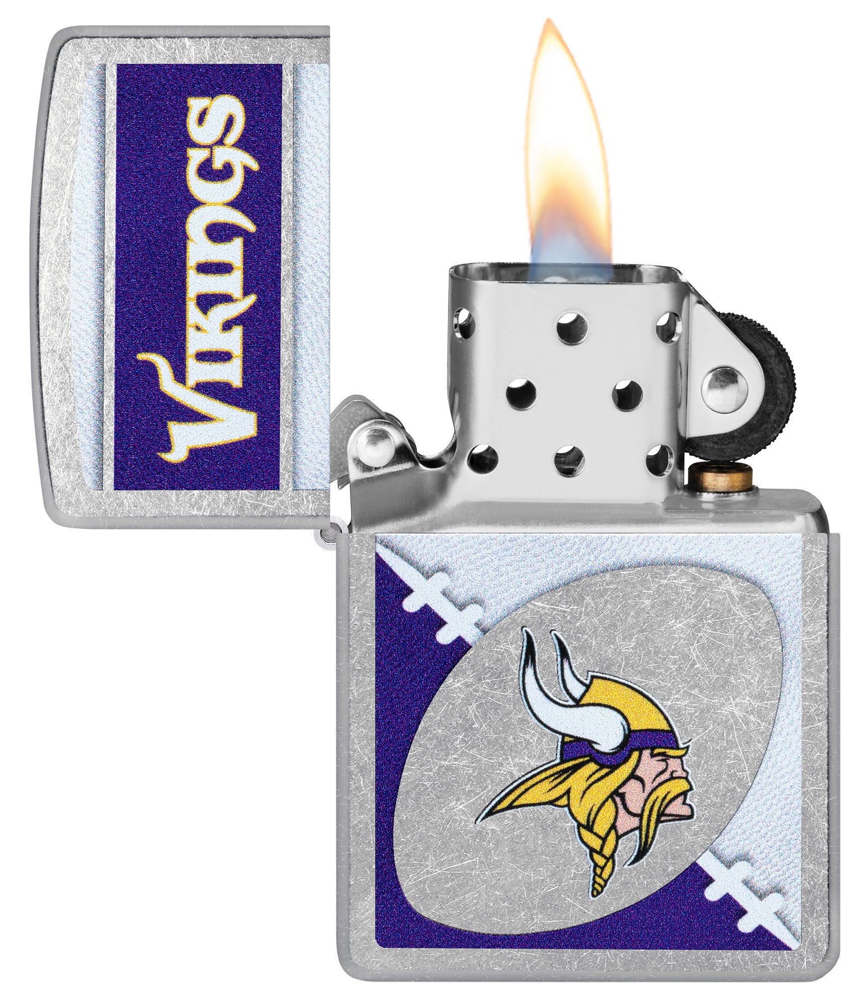 Zippo NFL Minnesota Vikings Street Chrome Windproof Lighter with its lid open and lit.