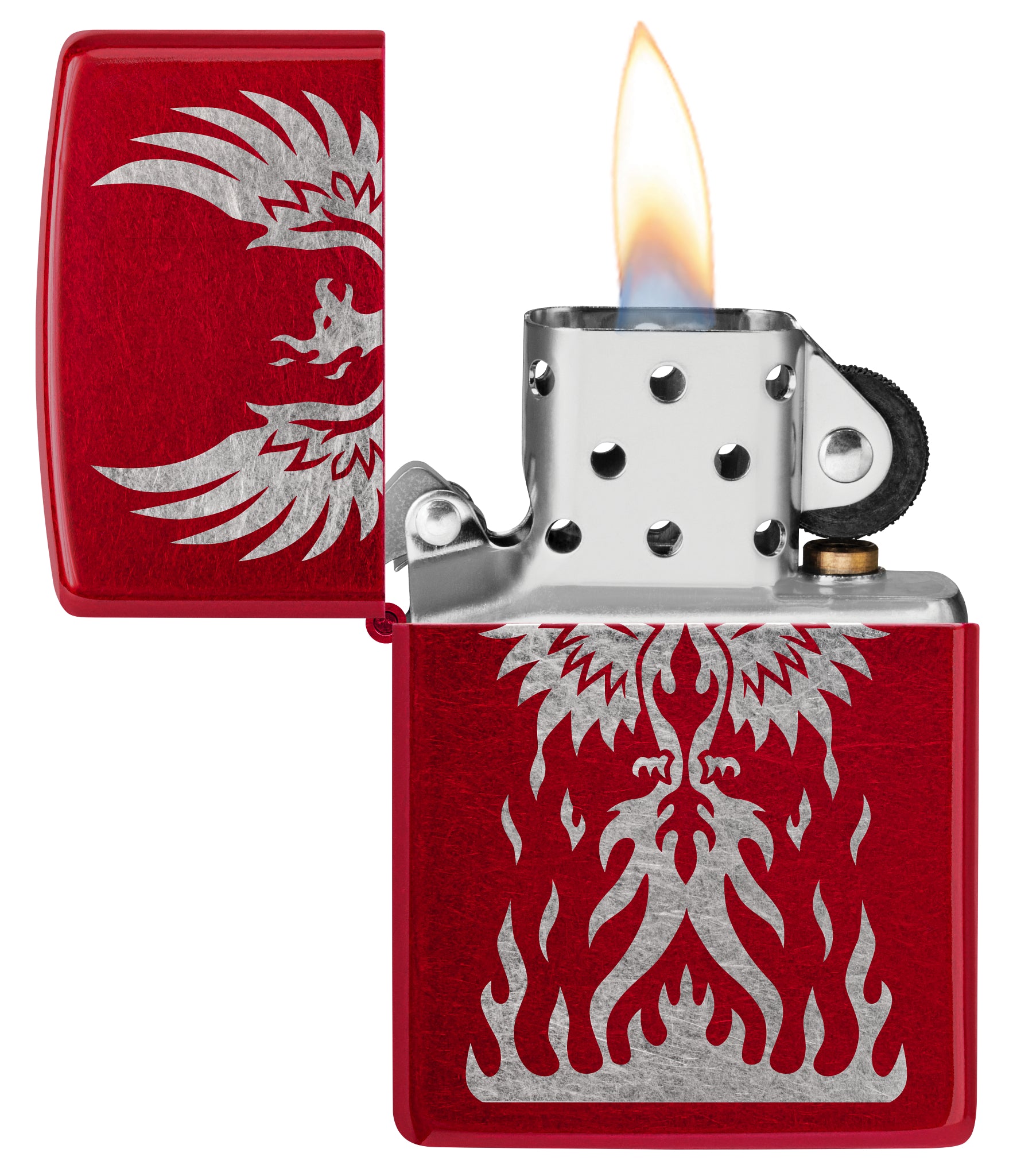 Zippo Phoenix Rising Design Candy Apple Red Windproof Lighter with its lid open and lit.