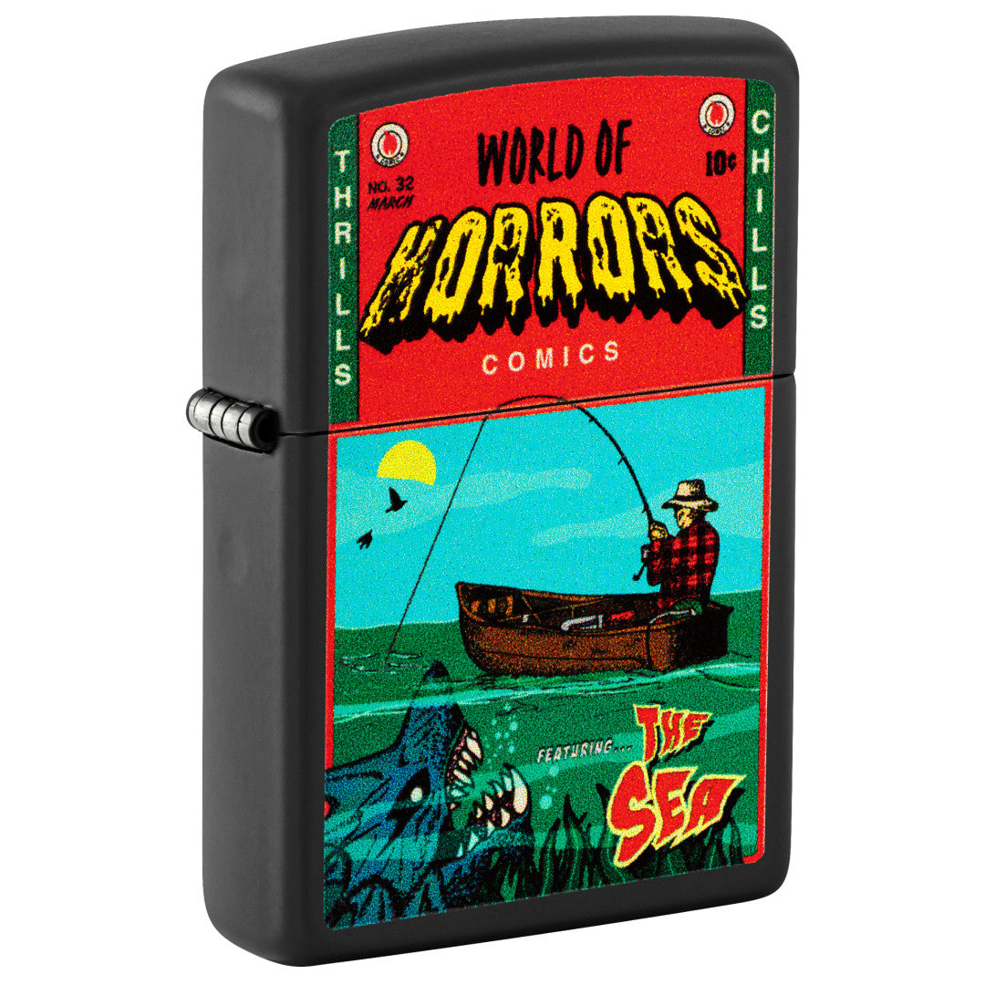 Front shot of Zippo In Deep Trouble Design Black Matte Windproof Lighter standing at a 3/4 angle.