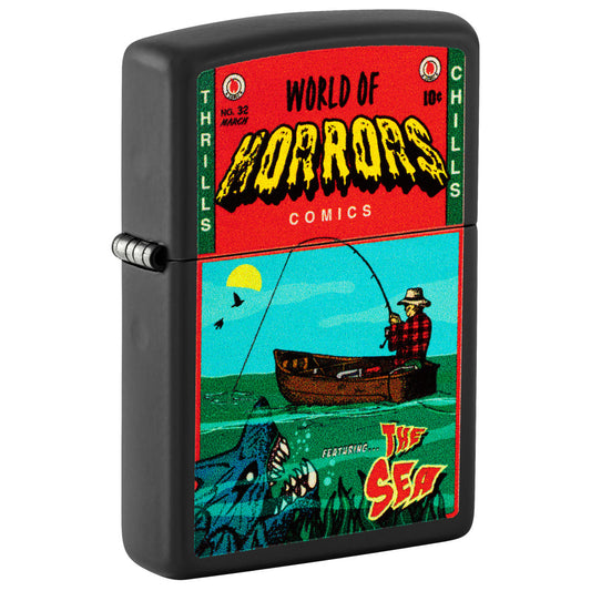 Front shot of Zippo In Deep Trouble Design Black Matte Windproof Lighter standing at a 3/4 angle.