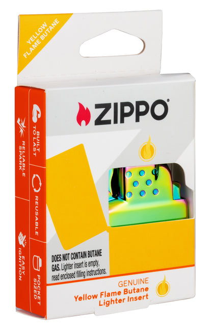 Zippo Yellow Flame Butane Insert - Green/Spectrum/Iridescent in its packaging standing at a 3/4 angle.