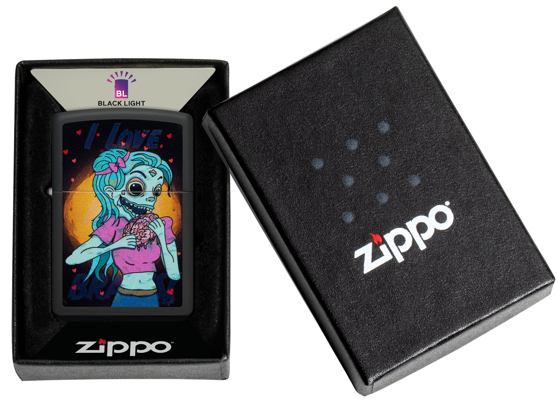 Zippo Black Light Brainiac Design Black Matte Windproof Lighter in its packaging.