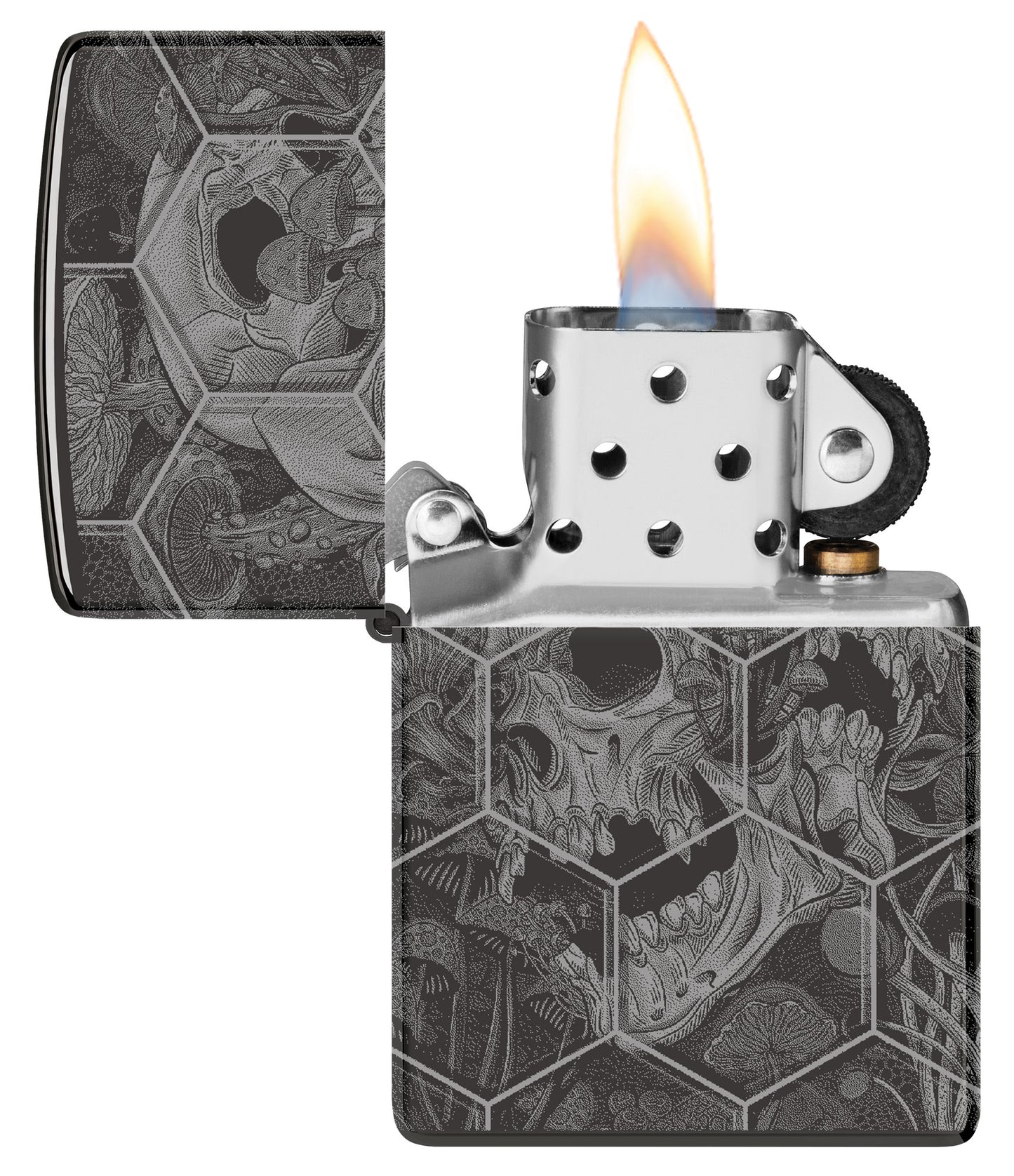 Zippo Mushroom Skulls Design High Polish Black Windproof Lighter with its lid open and lit.