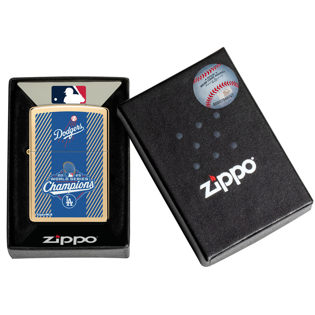 Zippo 2025 World Series™ Champions Commemorative High Polish Brass Windproof Lighter in its packaging.