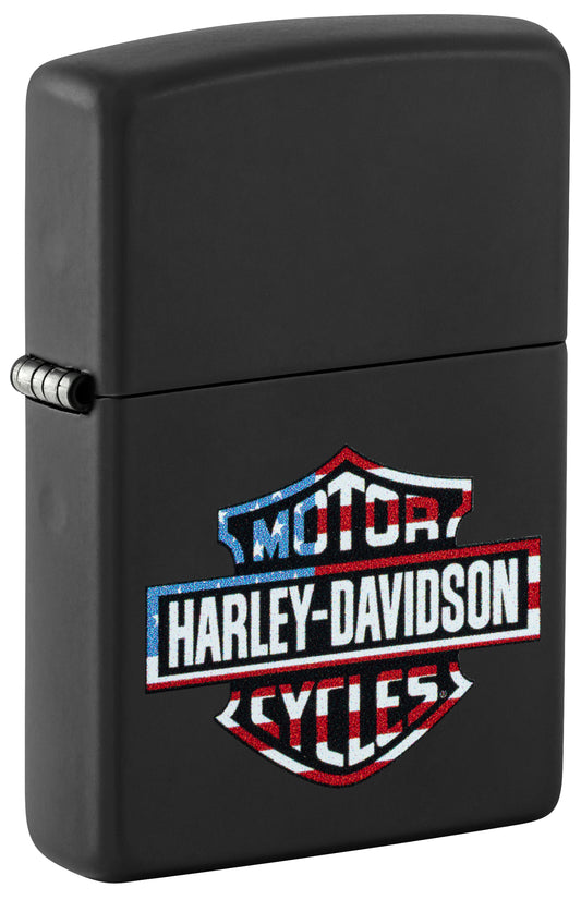 Front shot of Zippo Harley-Davidson® Flag Logo Design Black Matte Windproof Lighter standing at a 3/4 angle.