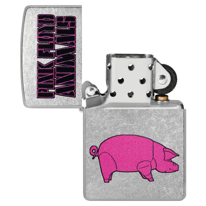 Zippo Pink Floyd Animals Design Street Chrome Windproof Lighter with its lid open and unlit.
