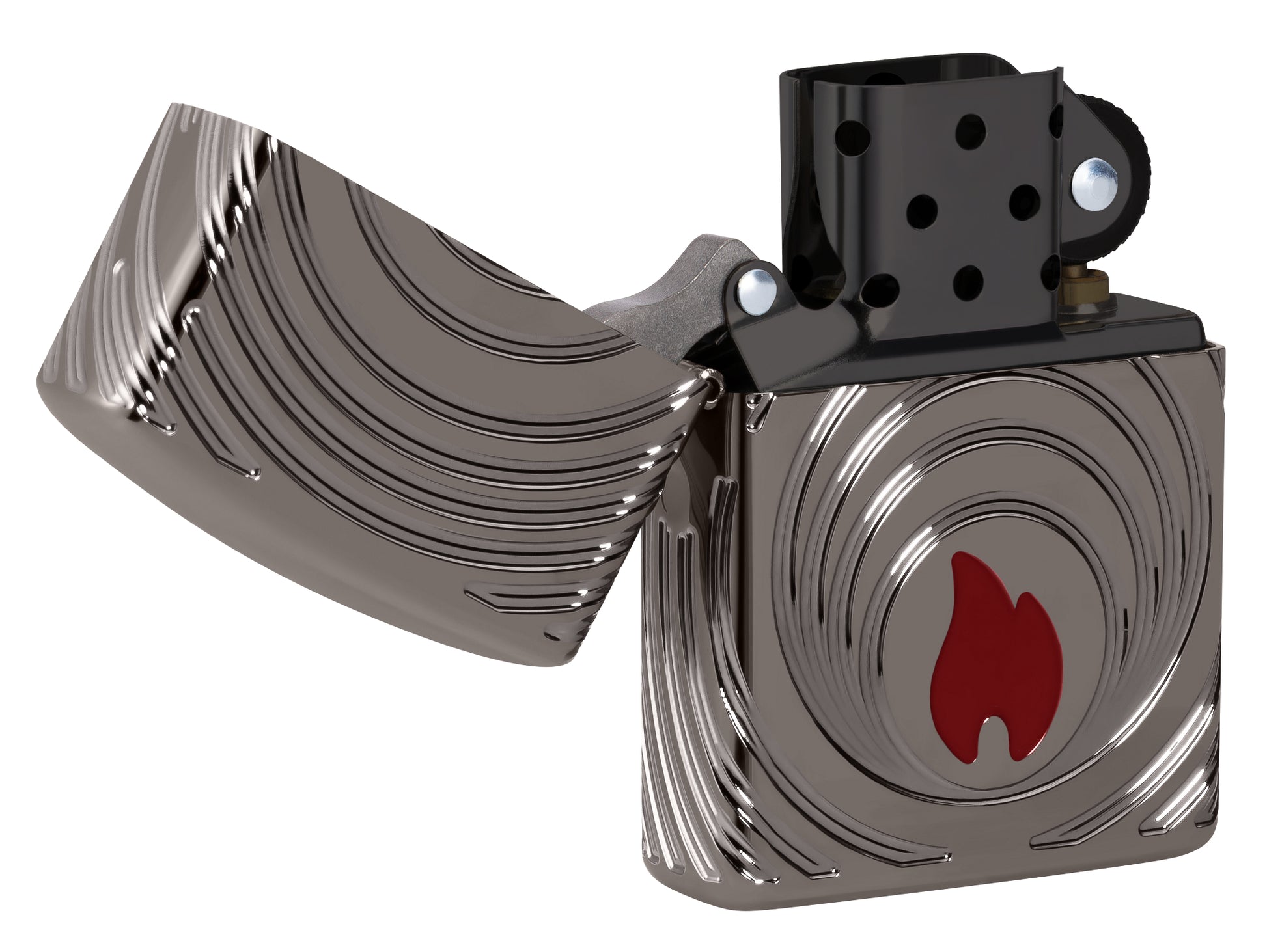 Front shot of Zippo 2026 Collectible of the Year Windproof Lighter with its lid open standing at a 3/4 angle.