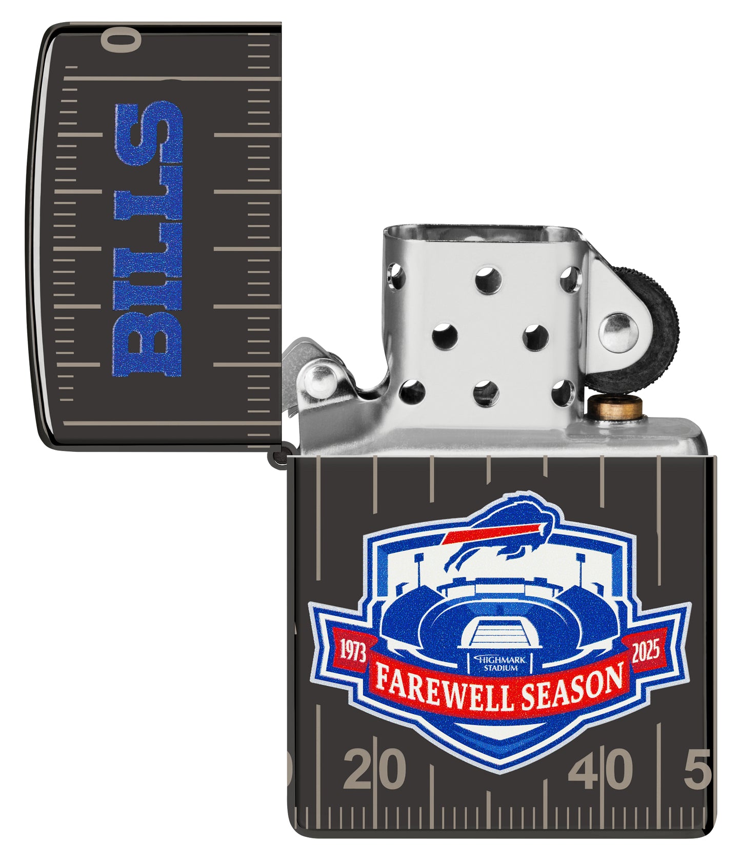 Zippo Buffalo Bills Farewell Season Design High Polish Black Windproof Lighter with its lid open and unlit.