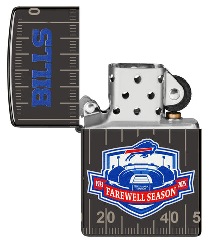 Zippo Buffalo Bills Farewell Season Design High Polish Black Windproof Lighter with its lid open and unlit.