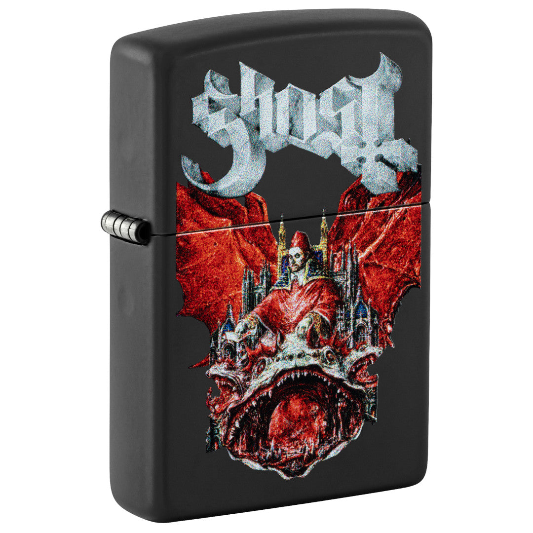 Front shot of Zippo Ghost Prequelle Design Black Matte Windproof Lighter standing at a 3/4 angle.