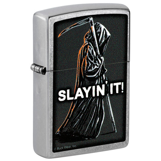 Front shot of Zippo Buck Wear™ Slayin' It Design Street Chrome Windproof Lighter standing at a 3/4 angle.