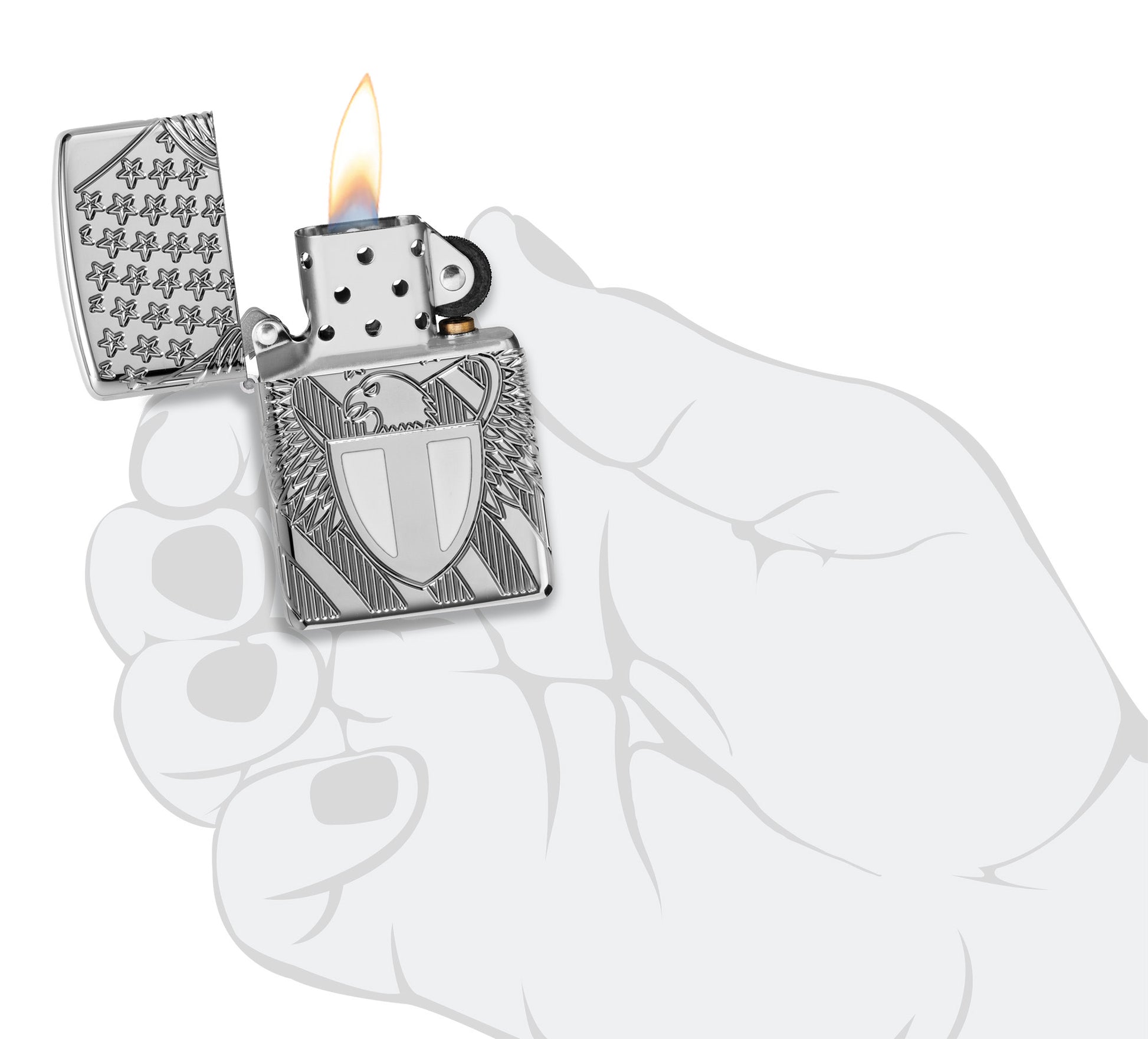 Zippo Liberty Crest Collectible Armor® High Polish Chrome Windproof Lighter lit in hand.