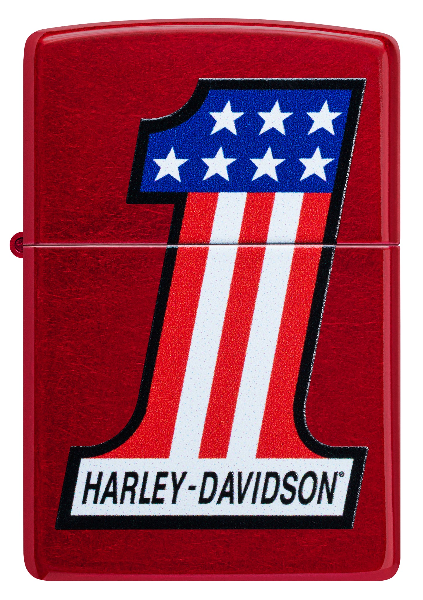 Front view of Zippo Harley-Davidson® #1 Logo Design Candy Apple Red Windproof Lighter.