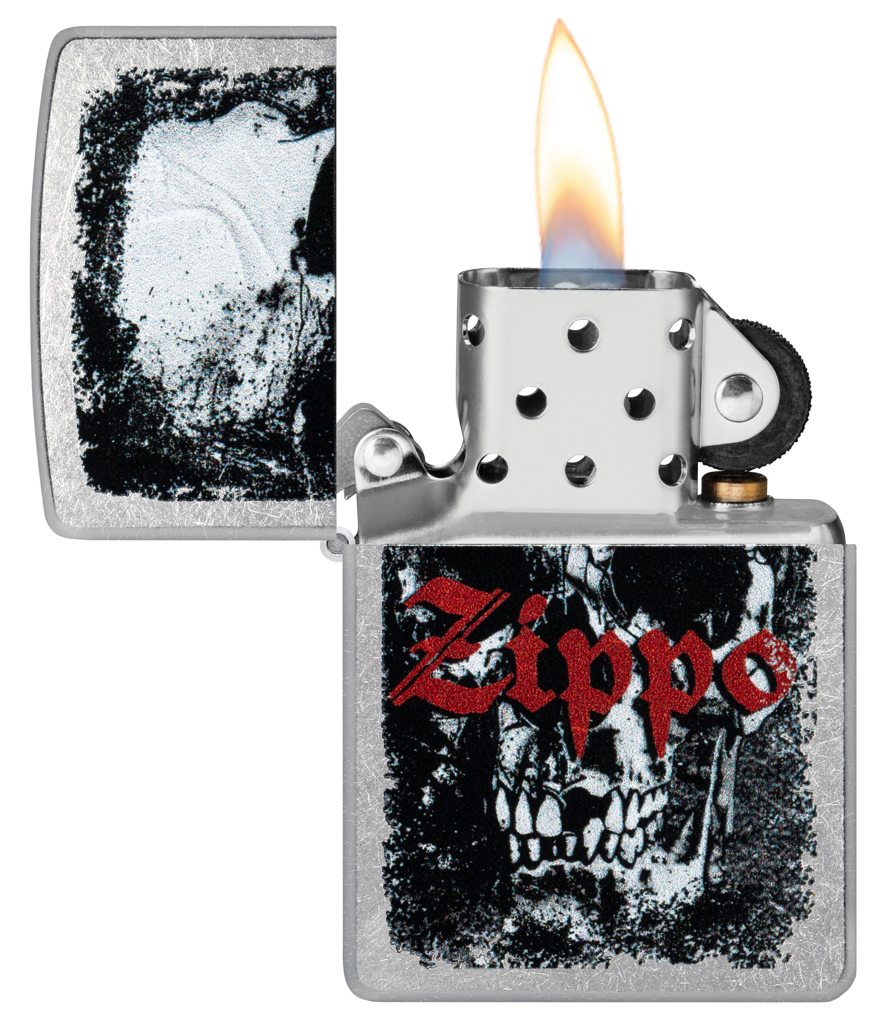 Zippo Skull Design Street Chrome Windproof Lighter with its lid open and lit.