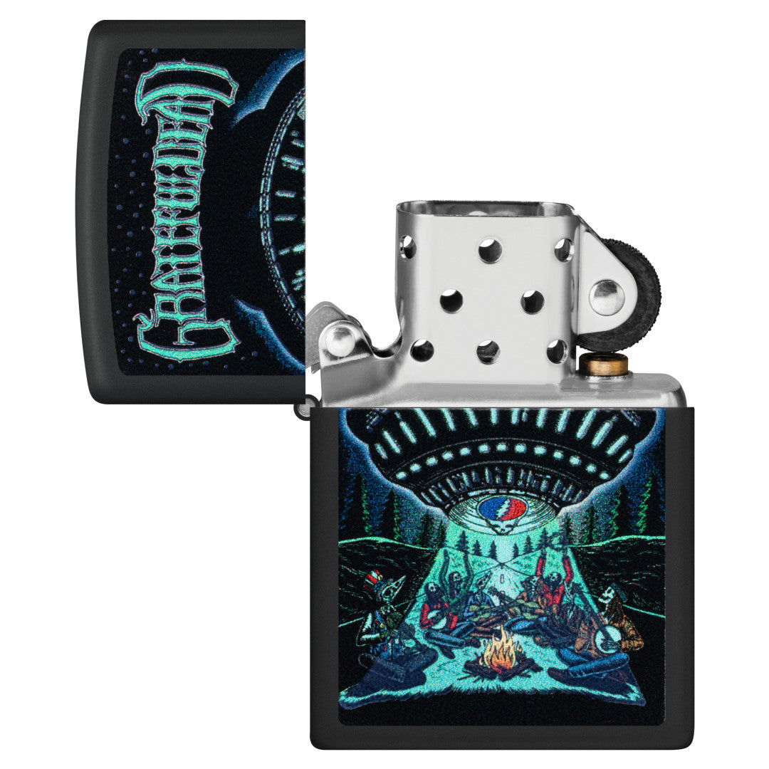 Zippo Grateful Dead Black Light UFO Design Black Matte Windproof Lighter with its lid open and unlit.