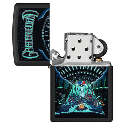 Zippo Grateful Dead Black Light UFO Design Black Matte Windproof Lighter with its lid open and unlit.