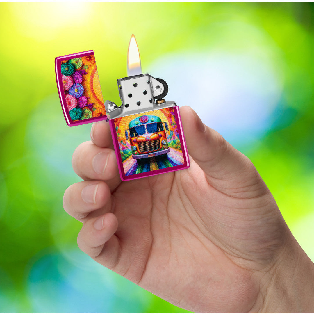 Zippo Party Bus Design Candy Raspberry Windproof Lighter lit in hand.