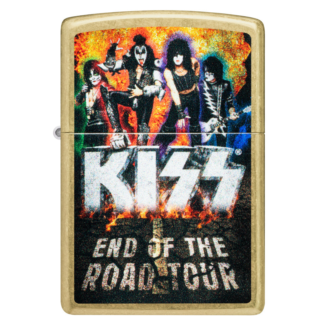 Front view of Zippo KISS® End of the Road Design Street Brass Windproof Lighter.