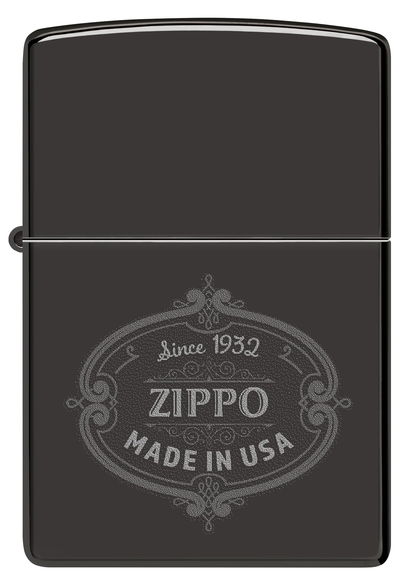 Front view of Zippo Plaque Design High Polish Black Windproof Lighter.