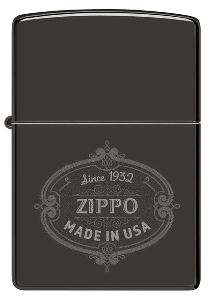 Front view of Zippo Plaque Design High Polish Black Windproof Lighter.