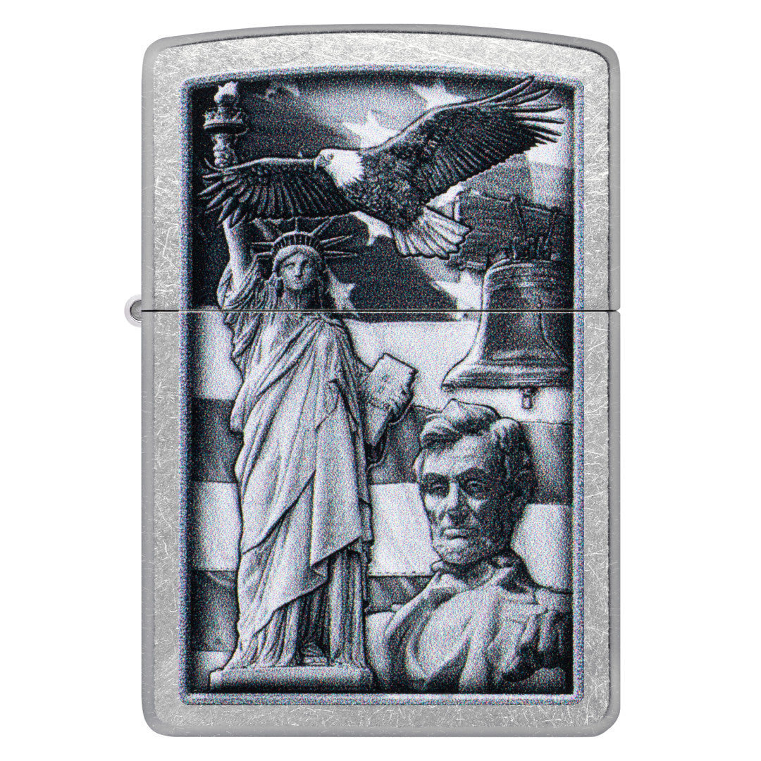 Front view of Zippo American Icons Design Street Chrome Windproof Lighter.