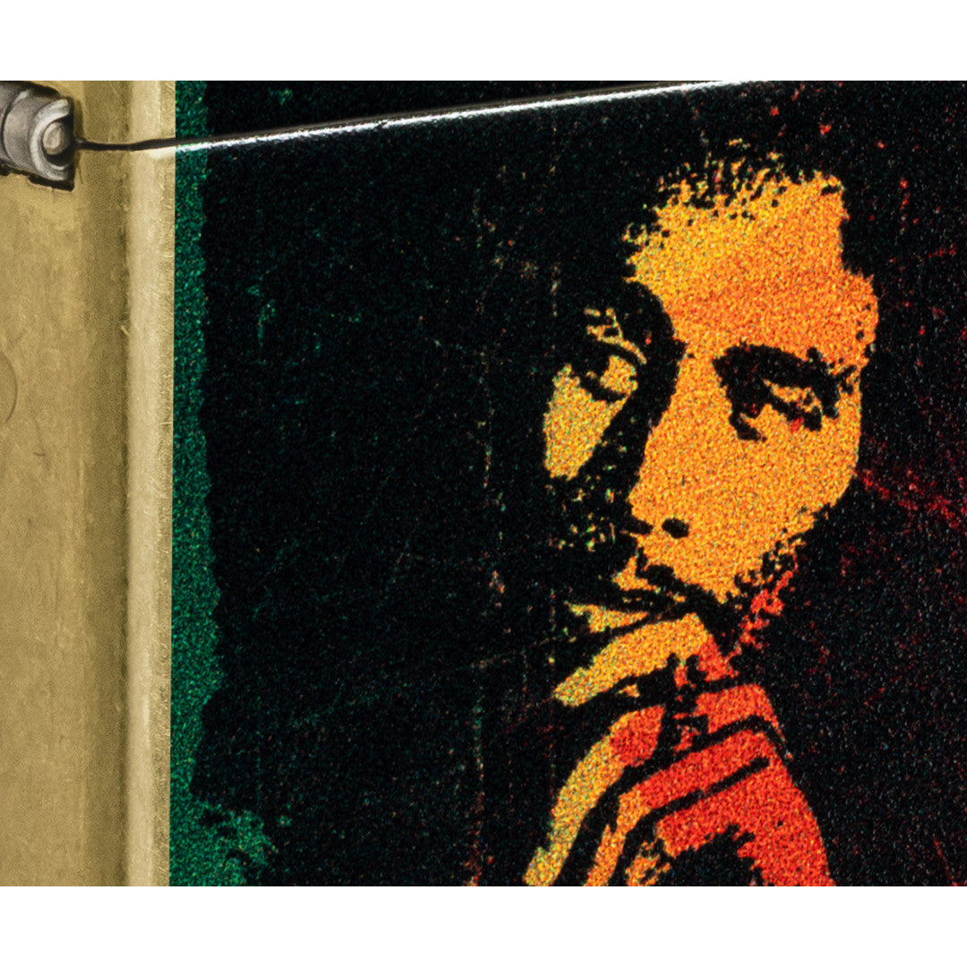 Front view of Zippo Bob Marley Portrait Design Street Brass Windproof Lighter close up to show the detail of the lighter.