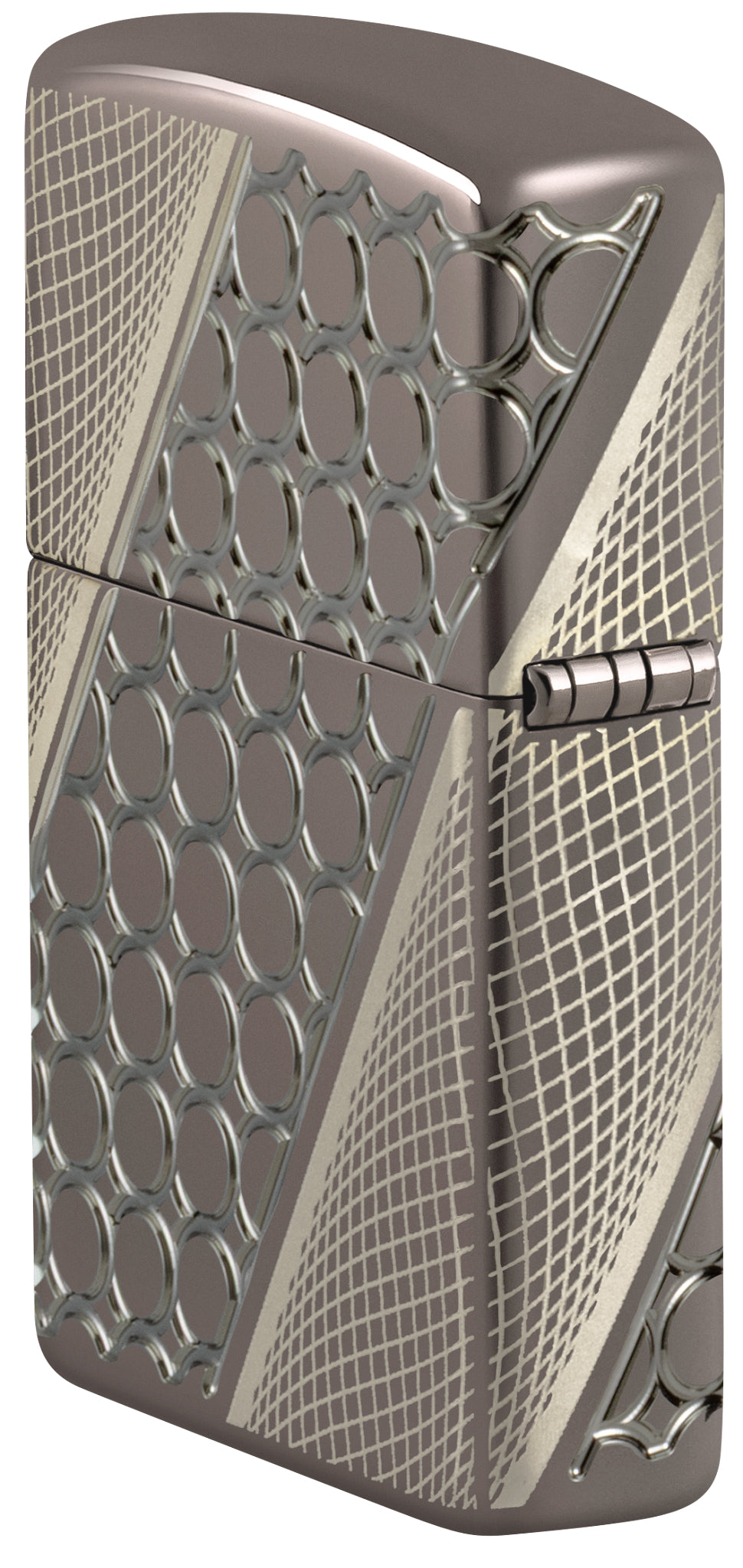 Angled shot of  Zippo Deep Dots Design Armor® Black Ice® Windproof Lighter showing the back and hinge sides of the lighter.
