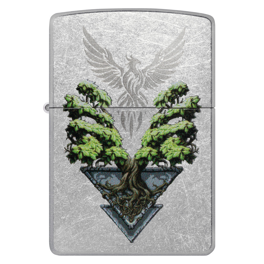 Front view of Zippo Phoenix Tree Design Street Chrome Windproof Lighter.