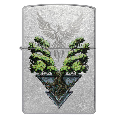 Front view of Zippo Phoenix Tree Design Street Chrome Windproof Lighter.
