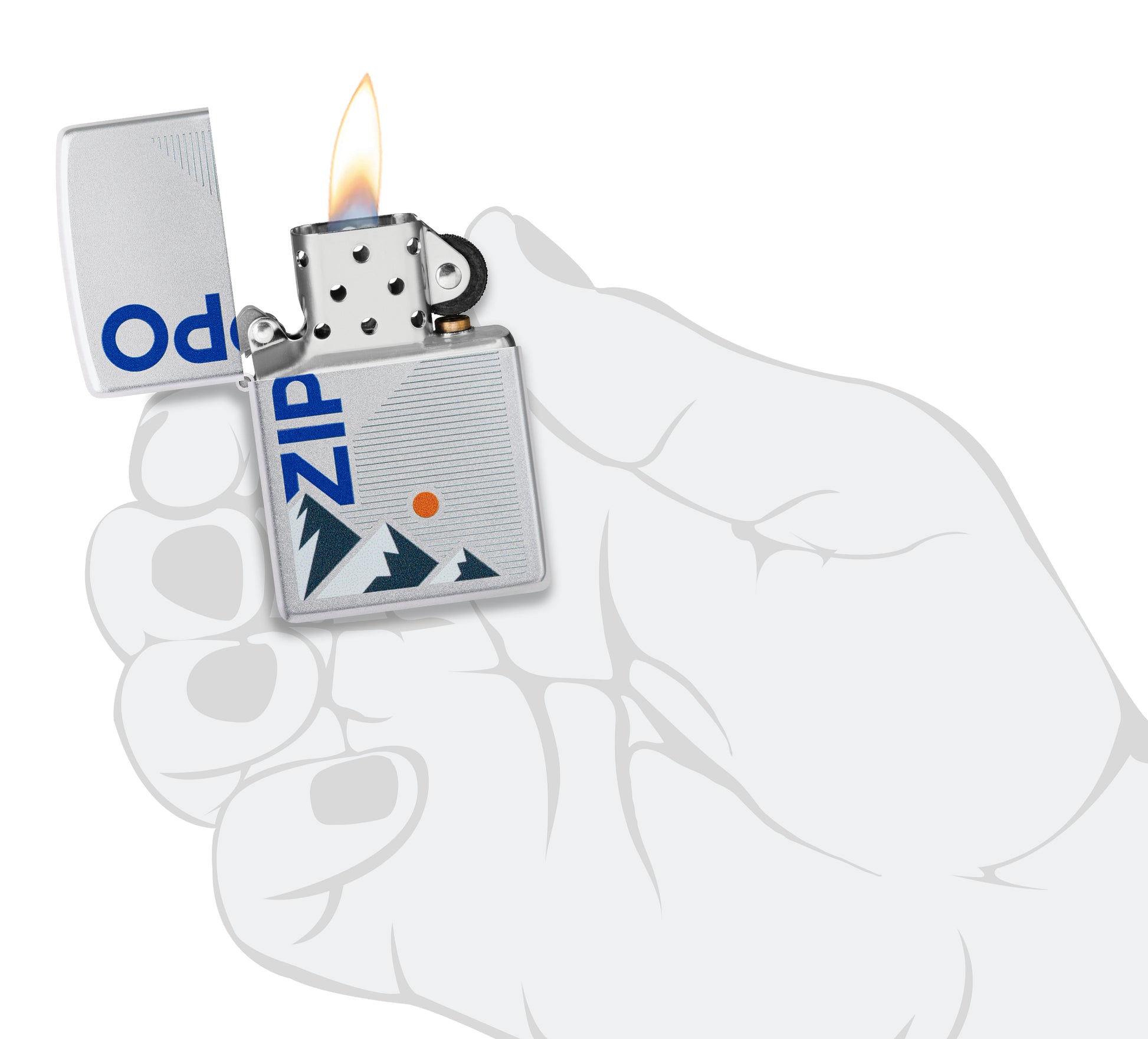Zippo Mountain Design Satin Chrome Windproof Lighter lit in hand.
