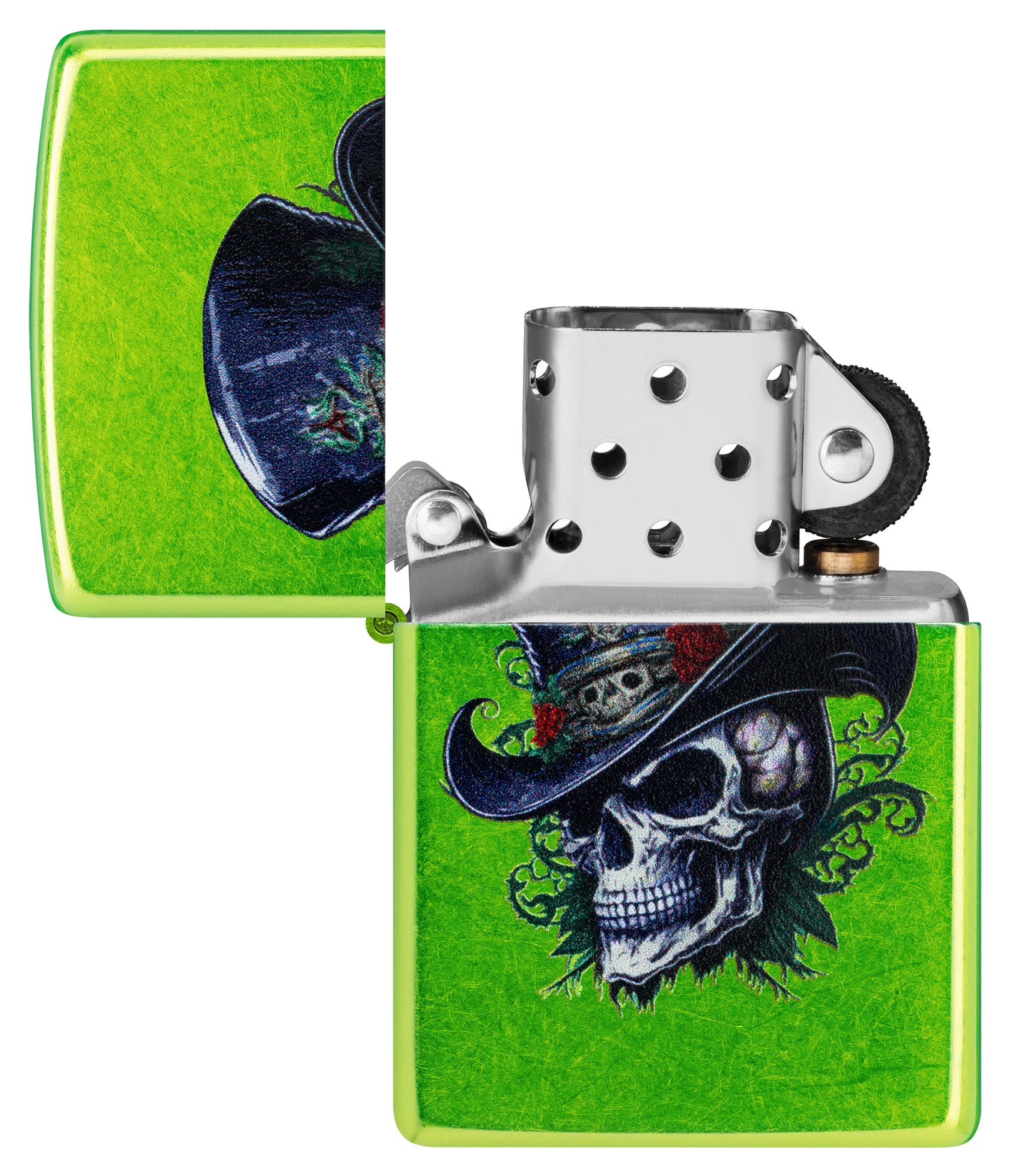 Zippo Steampunk Skeleton Design Lurid Windproof Lighter with its lid open and unlit.