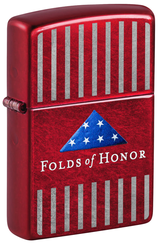Front shot of Zippo Folds of Honor Pinstripes Design Candy Apple Red Windproof Lighter standing at a 3/4 angle.