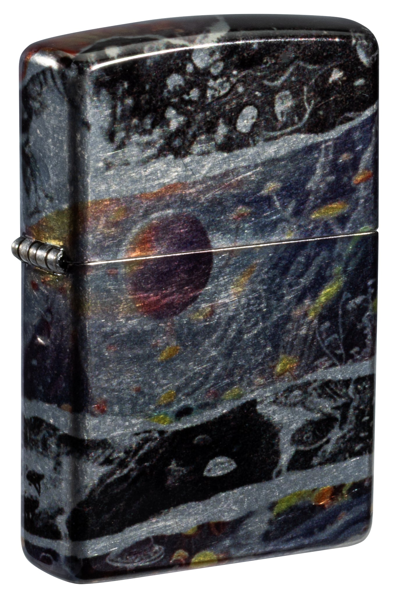 Front shot of Zippo Fusion Galaxy Design 540 Tumbled Chrome Windproof Lighter standing at a 3/4 angle.