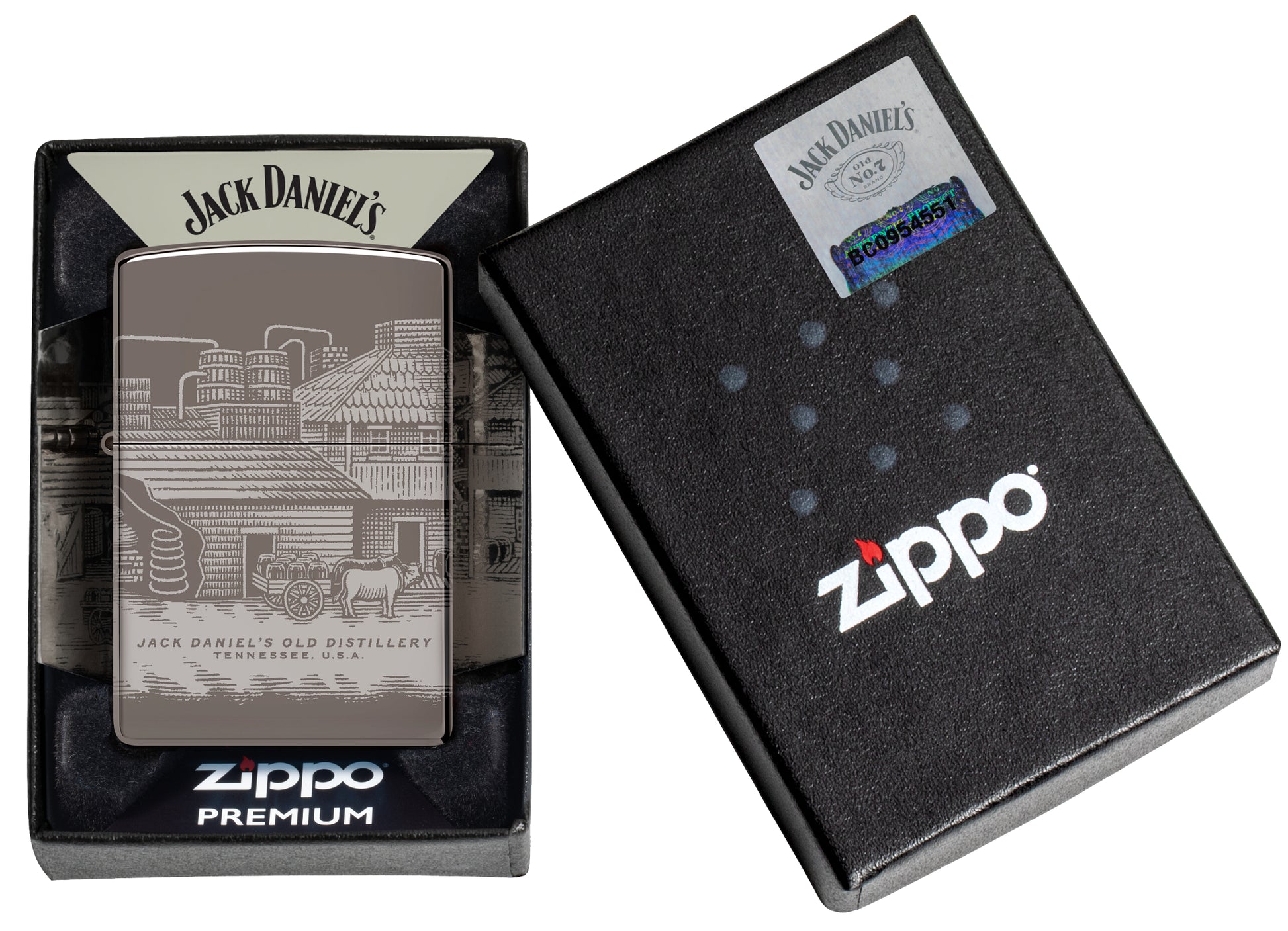 Zippo Jack Daniel's® Distillery Design Black Ice® Windproof Lighter in its packaging.