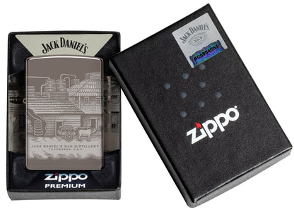 Zippo Jack Daniel's® Distillery Design Black Ice® Windproof Lighter in its packaging.