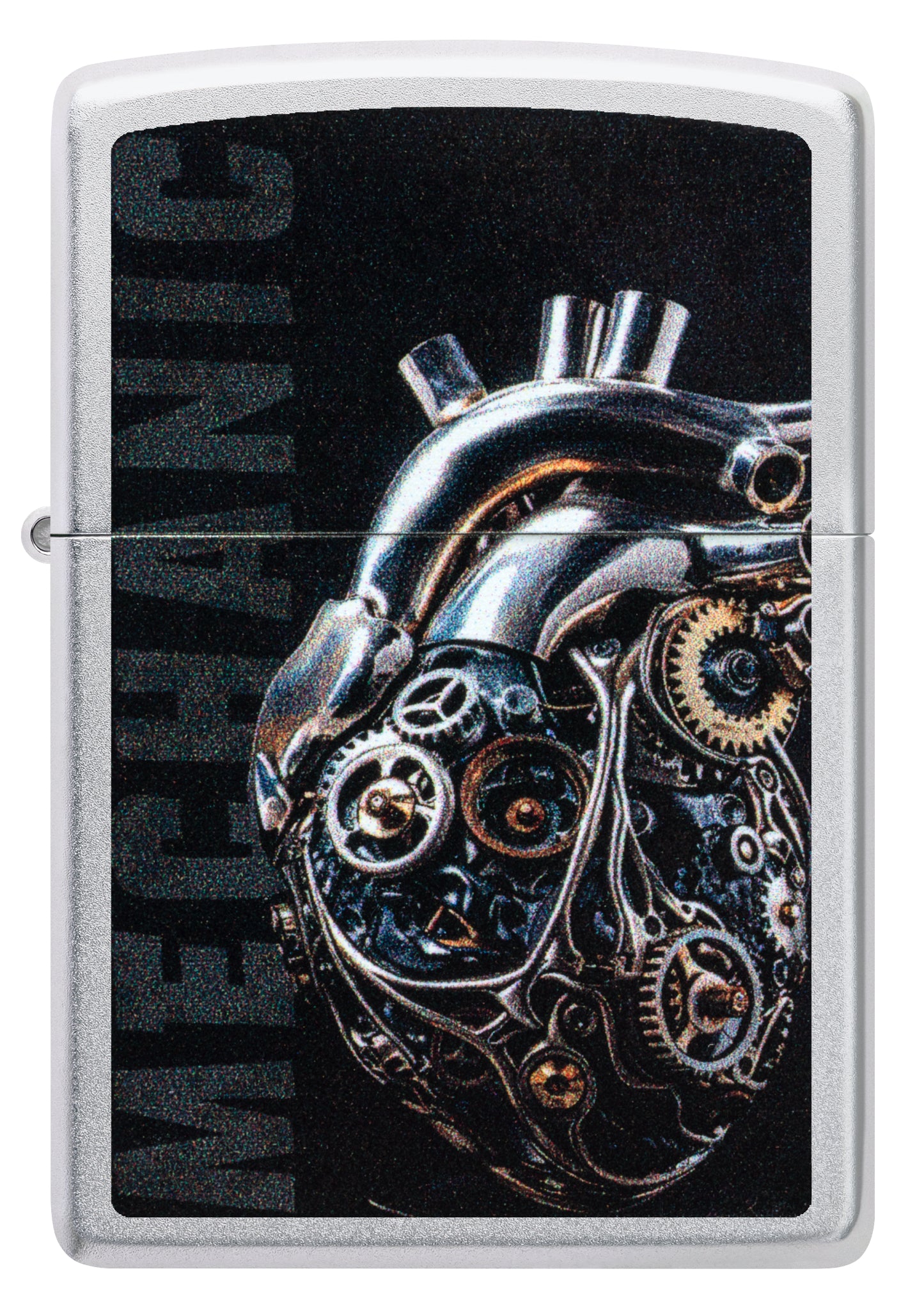 Front view of Zippo  Mechanical Heart Design Satin Chrome Windproof Lighter.