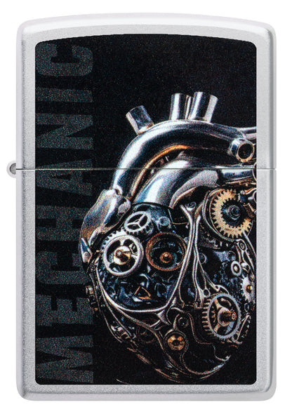 Front view of Zippo  Mechanical Heart Design Satin Chrome Windproof Lighter.