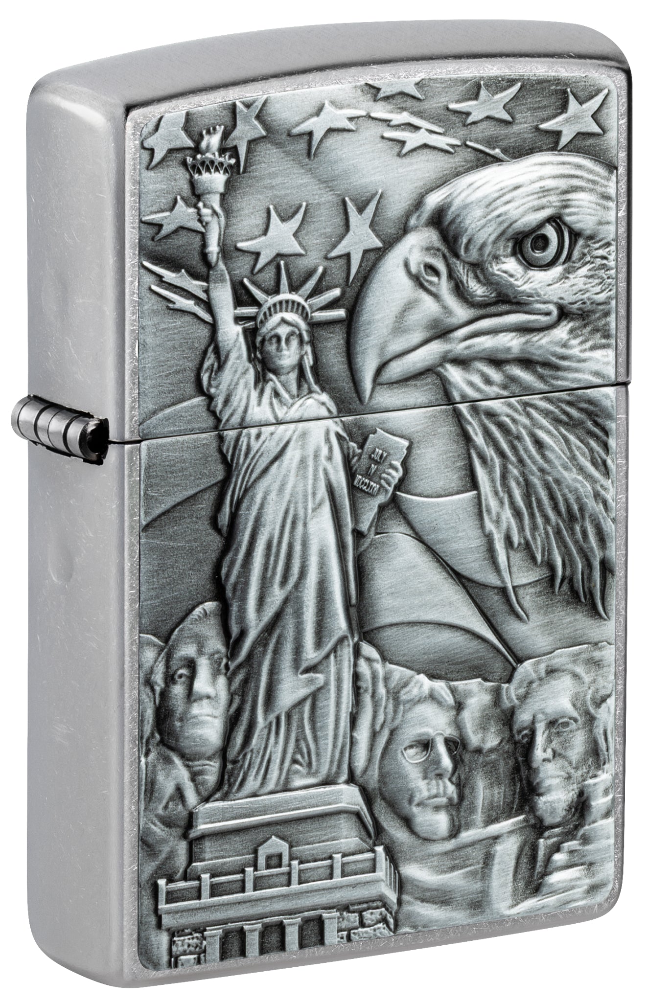 Front shot of Zippo American Icons Emblem Street Chrome Windproof Lighter standing at a 3/4 angle.