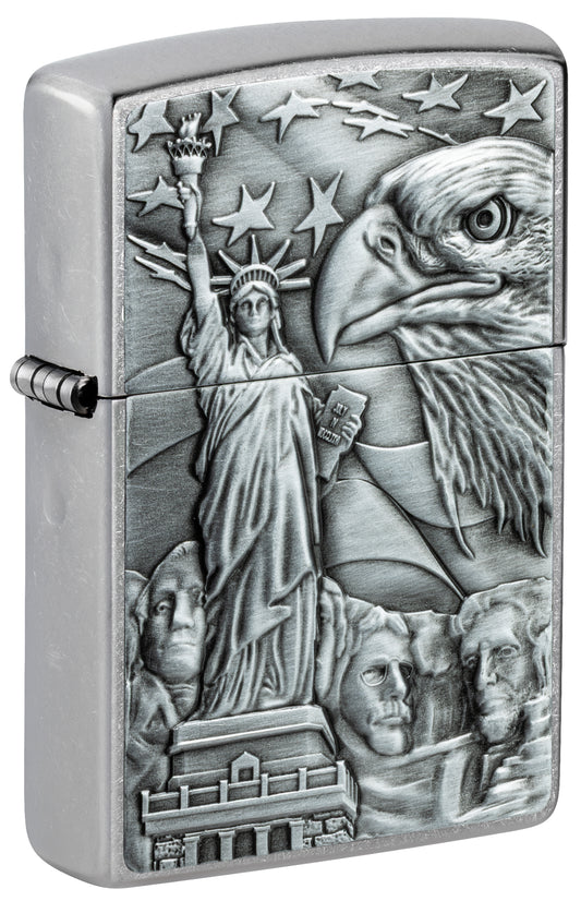 Front shot of Zippo American Icons Emblem Street Chrome Windproof Lighter standing at a 3/4 angle.