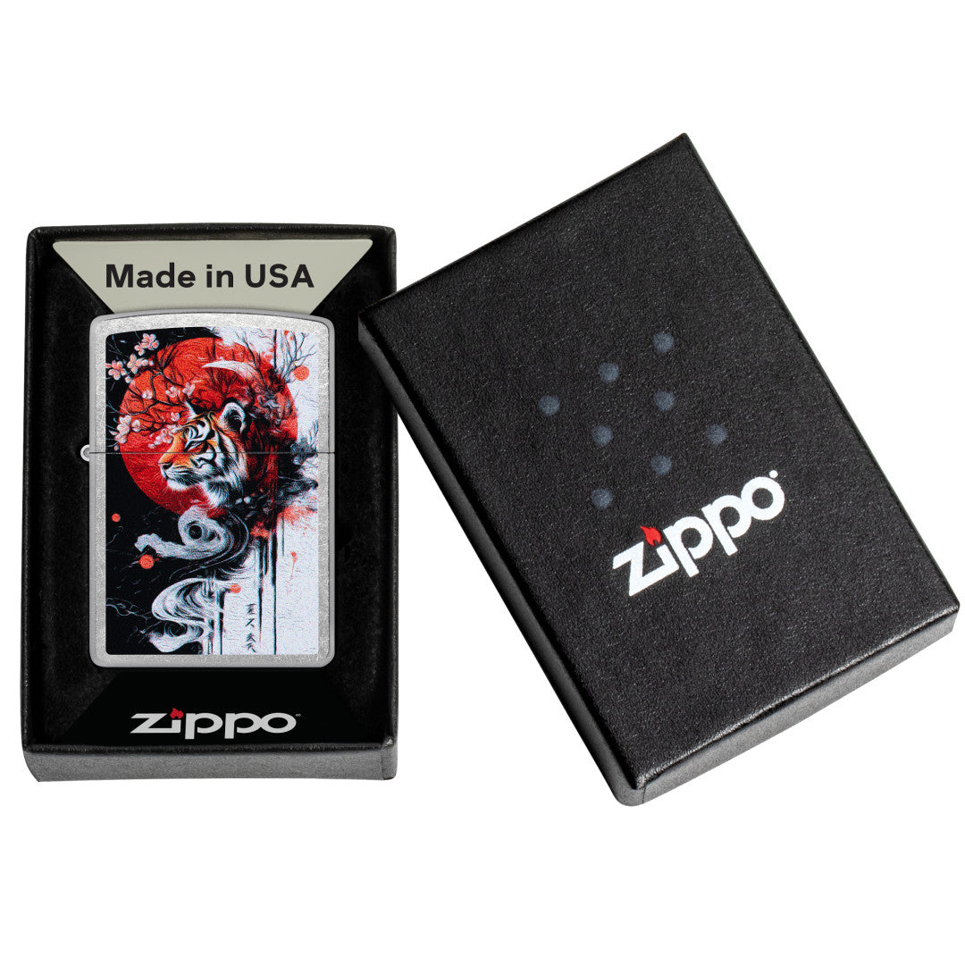 Zippo Tiger Blossom Design Street Chrome Windproof Lighter in its packaging.