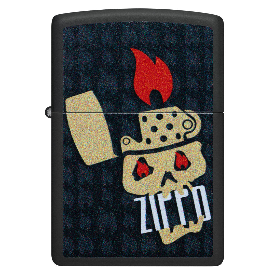 Front view of Zippo Skull and Flames Design Black Matte Windproof Lighter.