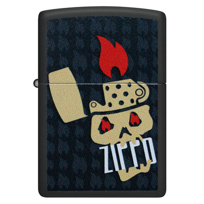 Front view of Zippo Skull and Flames Design Black Matte Windproof Lighter.