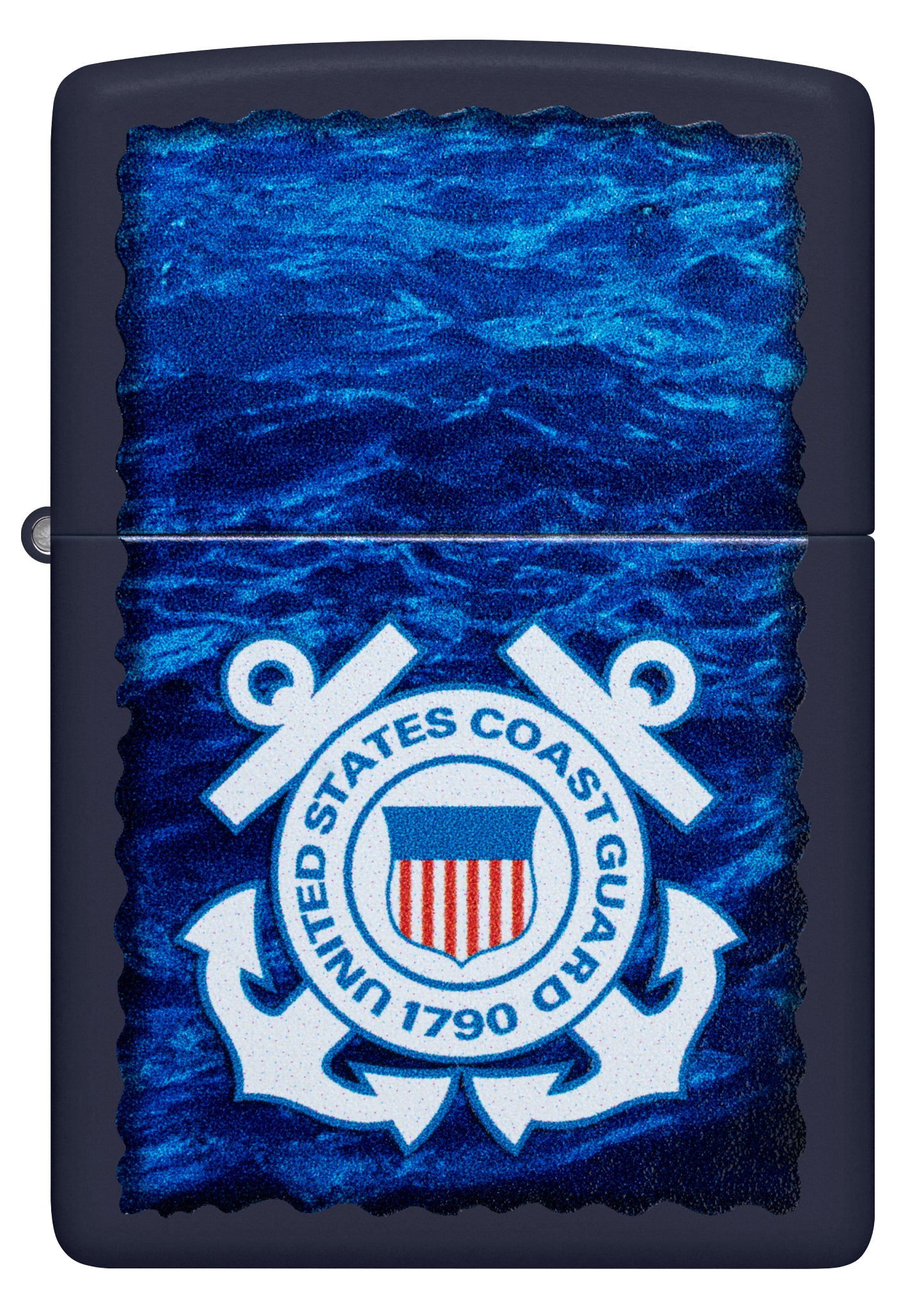 Front view of Zippo U.S. Coast Guard Waves Design Navy Matte Windproof Lighter.