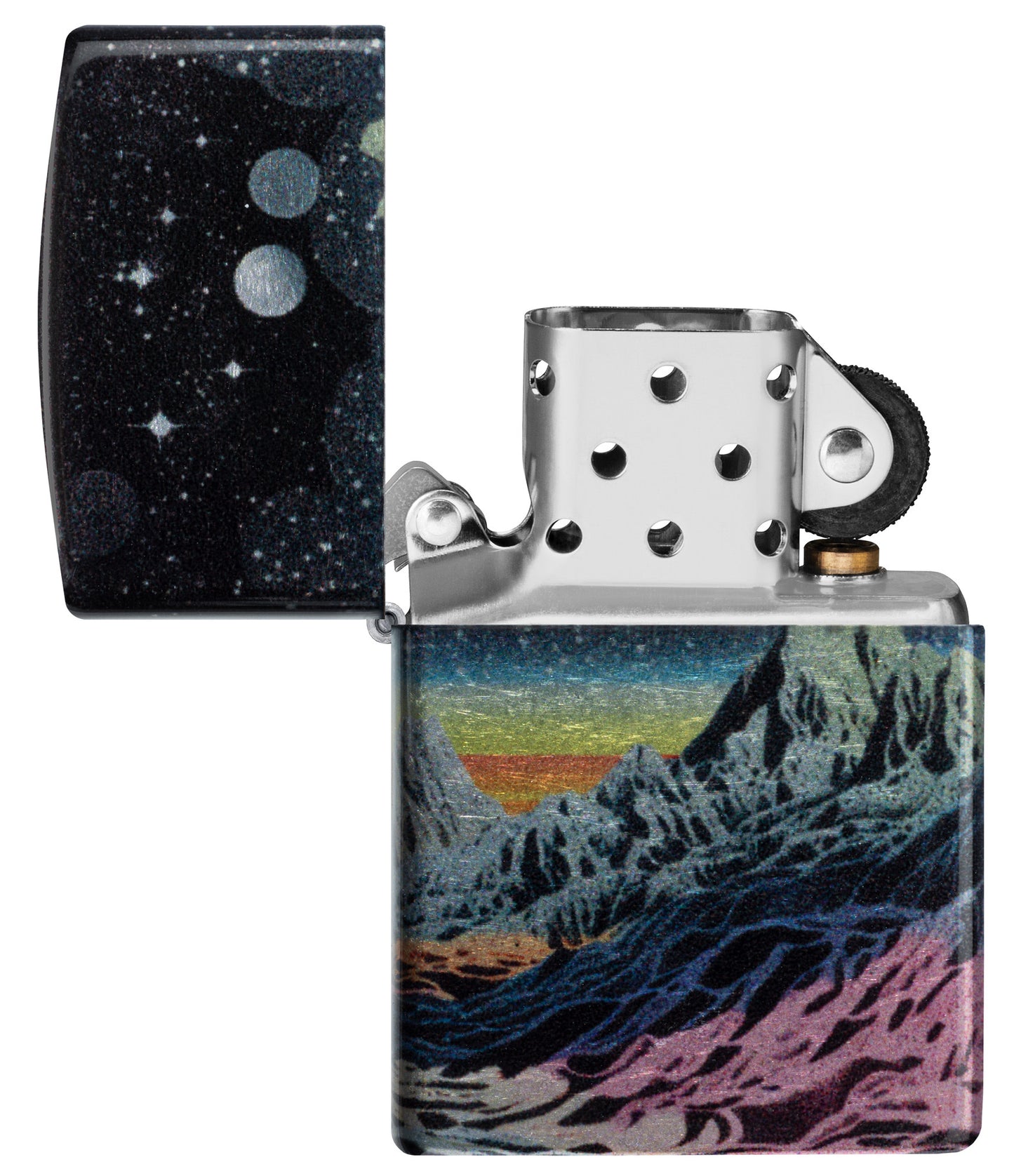 Zippo Space in Color Design 540 Tumbled Chrome Windproof Lighter with its lid open and unlit.