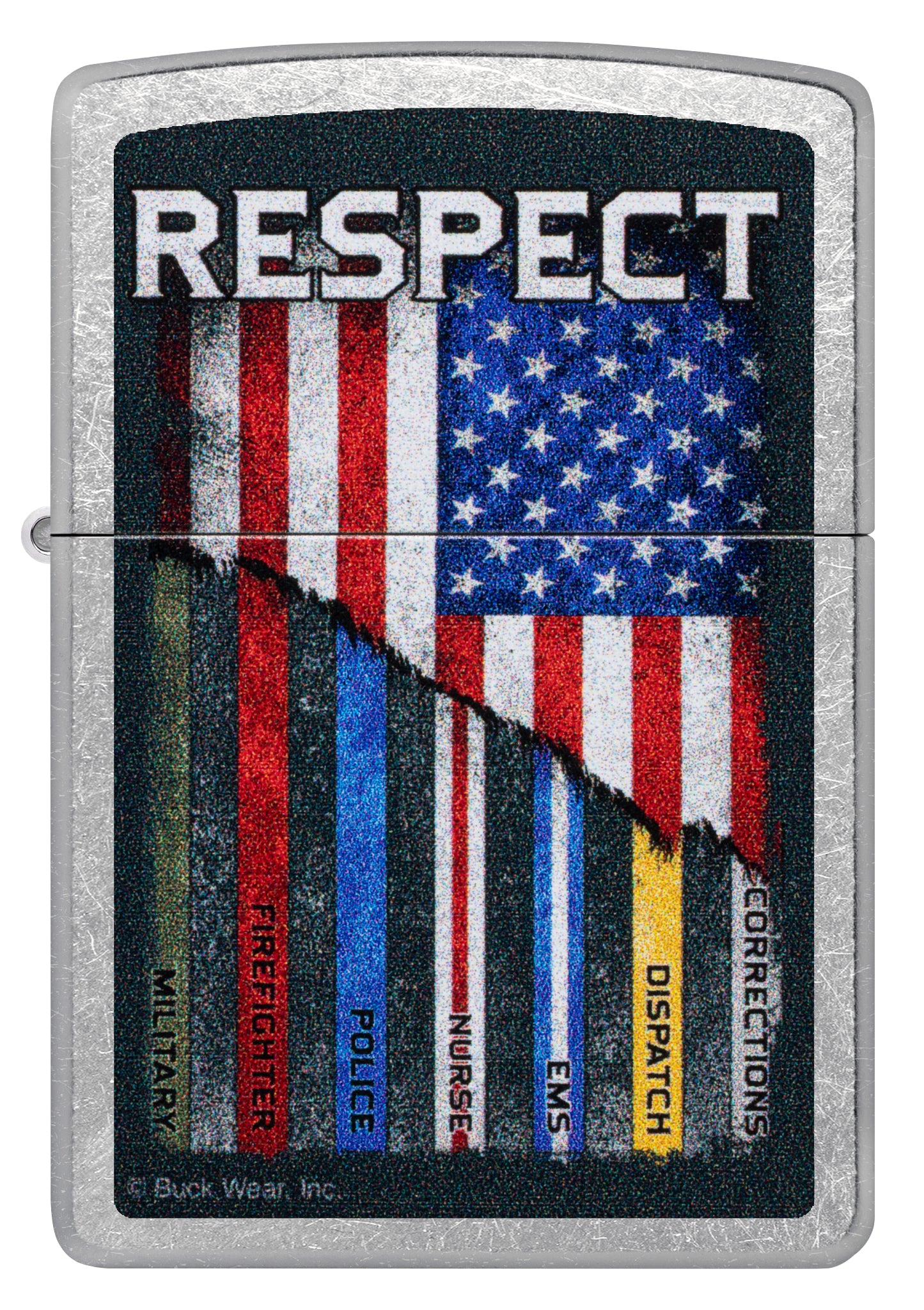 Front view of Zippo Buck Wear Respect Design Street Chrome Windproof Lighter.