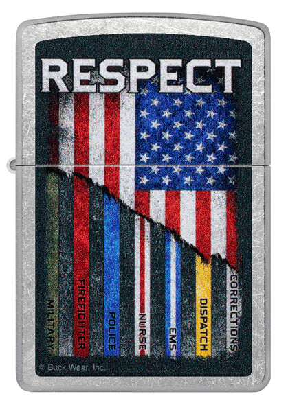 Front view of Zippo Buck Wear Respect Design Street Chrome Windproof Lighter.