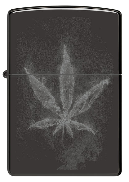 Front view of Zippo Wispy Leaf Design High Polish Black Windproof Lighter.